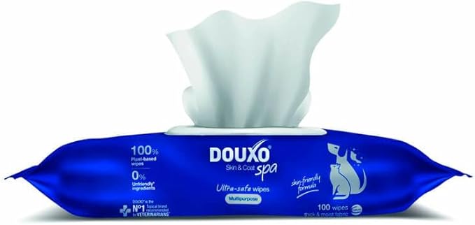DOUXO Skin & Coat SPA – Ultra-Safe* chusteczki nawilżane dla psów i kotów, 100 chusteczek, usuwa łzy i pozostałości śliny, odświeża futro i pozostawia przyjemny zapach, przyjazna dla skóry receptura