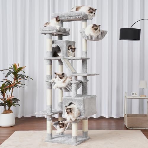 Heybly Kratzbaum, 180 cm Ardaí an Chait Túr do Chait Teachtaí le 2 Léimeanna, 2 Mhaighistreachtaí Suímh Mórtha, 2 Hängematten, Corb agus Bord Cráite, Light Gray HCT034W - obrazek 2