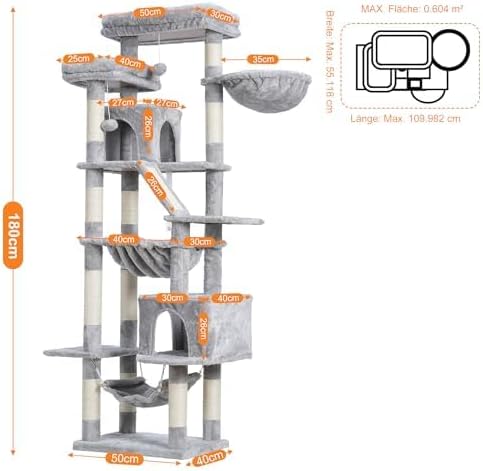 Heybly Kratzbaum, 180 cm Ardaí an Chait Túr do Chait Teachtaí le 2 Léimeanna, 2 Mhaighistreachtaí Suímh Mórtha, 2 Hängematten, Corb agus Bord Cráite, Light Gray HCT034W - obrazek 5