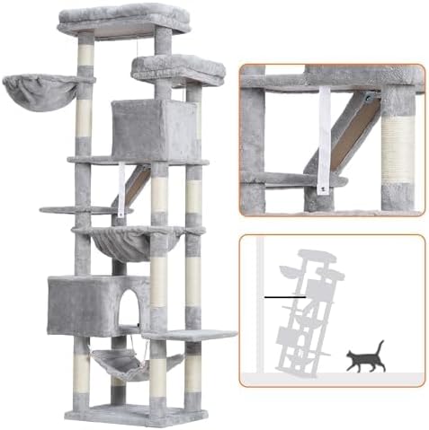 Heybly Kratzbaum, 180 cm Ardaí an Chait Túr do Chait Teachtaí le 2 Léimeanna, 2 Mhaighistreachtaí Suímh Mórtha, 2 Hängematten, Corb agus Bord Cráite, Light Gray HCT034W - obrazek 6