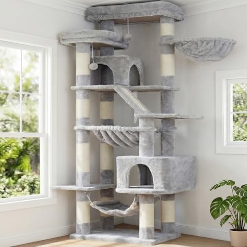 Heybly Kratzbaum, 180 cm Ardaí an Chait Túr do Chait Teachtaí le 2 Léimeanna, 2 Mhaighistreachtaí Suímh Mórtha, 2 Hängematten, Corb agus Bord Cráite, Light Gray HCT034W