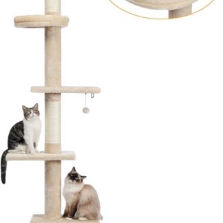 PAWZ Road - 5-poziomowy drapak dla kota od podłogi do sufitu - Regulowana wysokość - Wysokie centrum wspinaczkowe z drapakiem, wygodnym łóżkiem i wiszącą piłką dla kotów / kociąt w pomieszczeniach