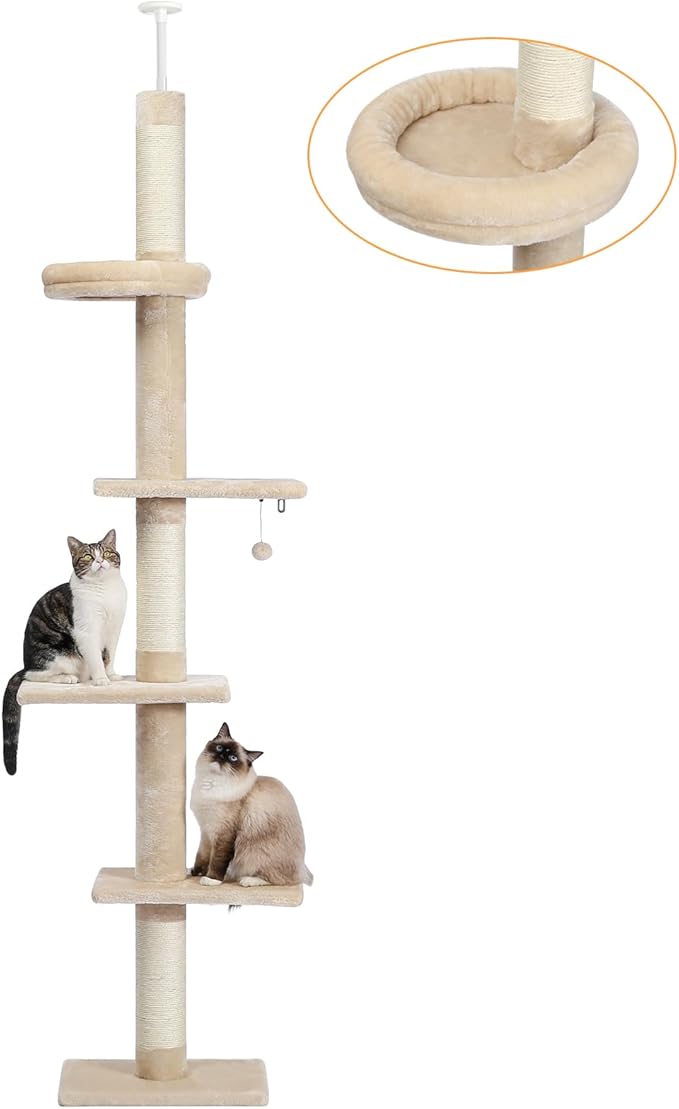 PAWZ Road - 5-poziomowy drapak dla kota od podłogi do sufitu - Regulowana wysokość - Wysokie centrum wspinaczkowe z drapakiem, wygodnym łóżkiem i wiszącą piłką dla kotów / kociąt w pomieszczeniach