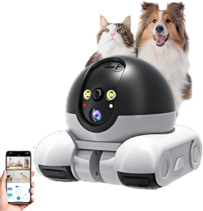 Tangxi Robot z Kamery dla Zwierząt, Kamera Bezpieczeństwa na Kółkach, Podwójny Obiektyw 1080p w Pomieszczeniu Monitor, 2-drożna Rozmowa i Kontrola Aplikacji Wi-Fi, dla Kotów Psów