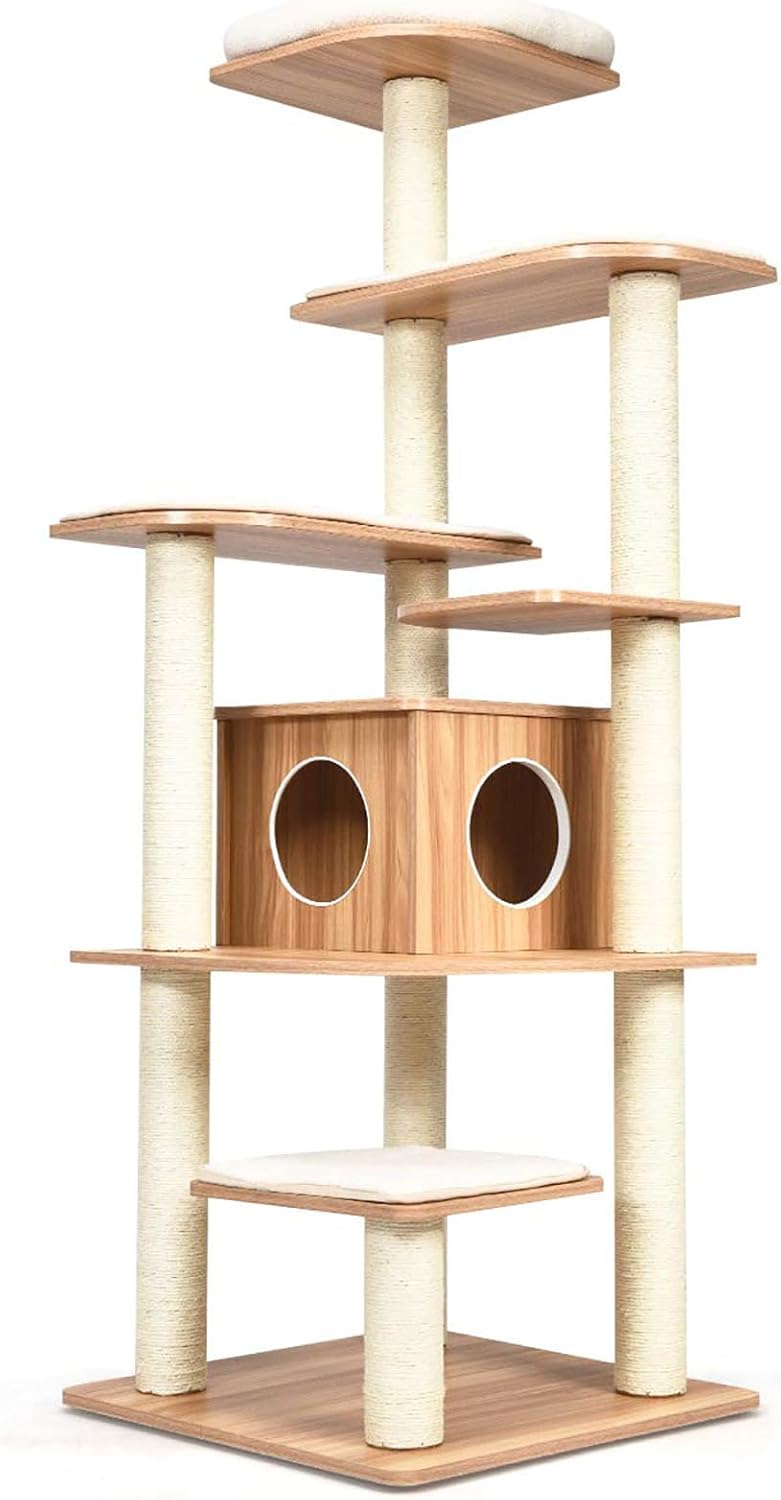COSTWAY Drapak z Drewna 175 cm, 6-Stopniowy Domek do Zabawy dla Kotów z Jaskiniami i 5 Matami, Drzewo Aktywności, Meble, Drzewo do Wspinaczki, Beżowy + Naturalny - obrazek 2