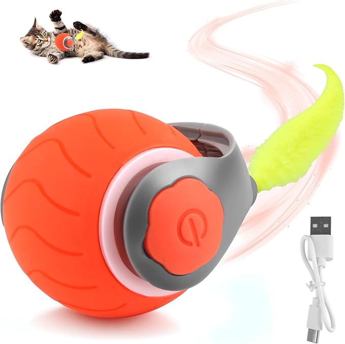 Elektryczna zabawka dla kota, Magic Ball pies z ogonem, inteligentna interaktywna piłka do zabawy dla kotów, interaktywna zabawka dla psów, ładowana przez USB, dla kotów i psów (pomarańczowa)