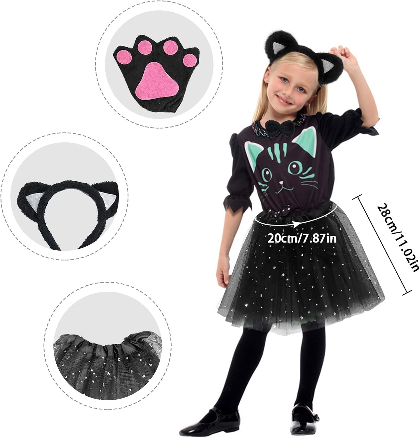 TSHAOUN Zestaw kostiumowy kot, sukienka zwierzęca, cosplay, kocie uszy, opaska na czoło, kocie, uszy, kołnierz, łapy, rękawiczki, czarna tutu, na Halloween, karnawał, karnawał - obrazek 4