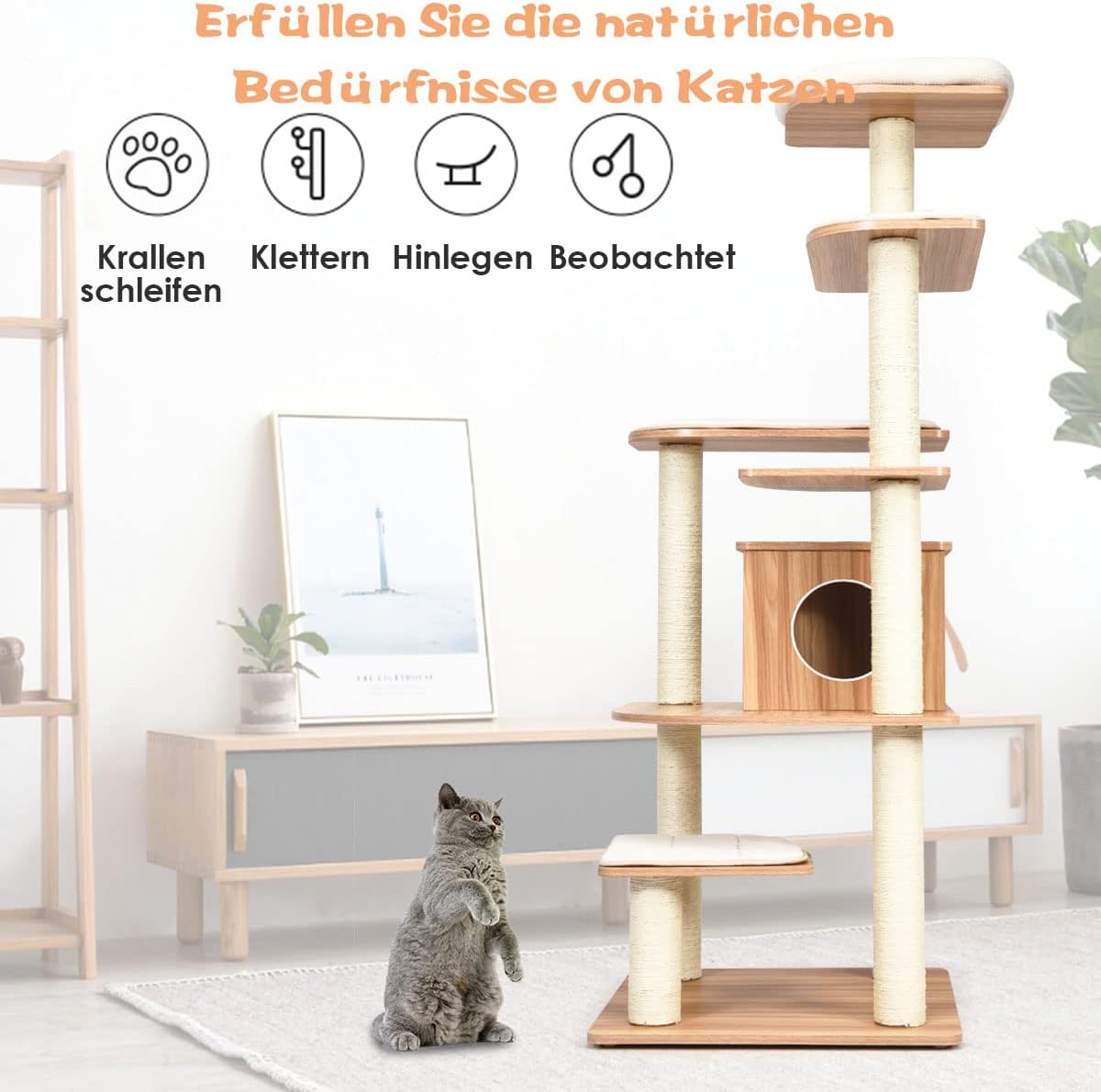 COSTWAY Drapak z Drewna 175 cm, 6-Stopniowy Domek do Zabawy dla Kotów z Jaskiniami i 5 Matami, Drzewo Aktywności, Meble, Drzewo do Wspinaczki, Beżowy + Naturalny - obrazek 5