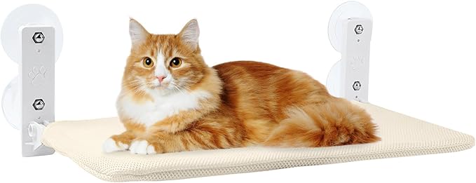 Hamak dla Kotów do Okna, Składany Hamak dla Kota z Mocnym Uchwytem Okiennym, Rewersyjny, do 18kg (Beżowy 52x30cm)