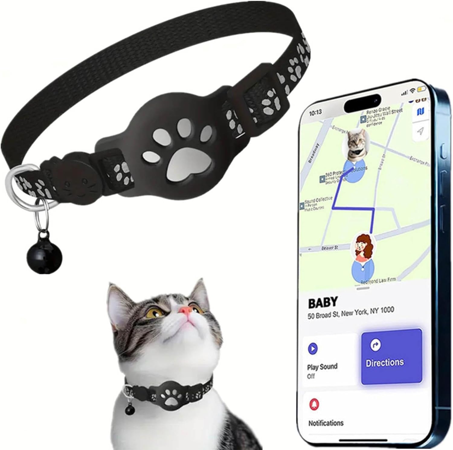 Obroża GPS do śledzenia kotów, obroża GPS dla kotów i psów, bez abonamentu i SIM, kompatybilna z iOS, IPX5 odporny na rozpryski (iOS, czarny) - obrazek 2