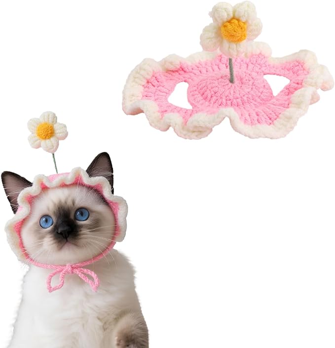 Czapka dla Kota, Uroczy Kwiatek Szydełkowy Czapka dla Kota Dzianinowa Ozdoba na Halloween Boże Narodzenie Szczeniak Mała Dzianinowa (Różowa)