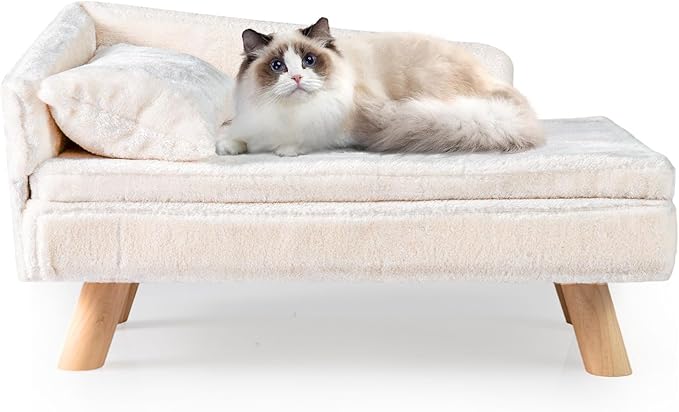 COSTWAY Luksusowa sofa dla kota, podwyższone legowisko dla kota, kanapa dla kota z 2 zdejmowanymi poduszkami, oparciem i drewnianymi nogami, krzesło dla kota, miękka sofa dla zwierząt domowych, dla