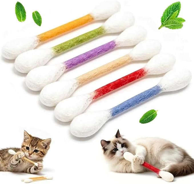 YeahBoom Zabawka dla kota patyczki bawełniane, 6 sztuk Q Tip Cat Toy z kocimiętką, interaktywne patyczki higieniczne dla kotów, urocze patyczki do żucia dla kotków, odpowiednie do zabawy i poruszania