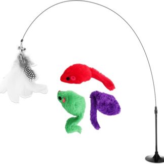 Fancy Pets Zabawka dla Kota z Przyssawką i Piórkiem, Wędka dla Kota z Przyssawką + 3 Myszy, Cat Teaser Toy with Suction Cup dla Domu