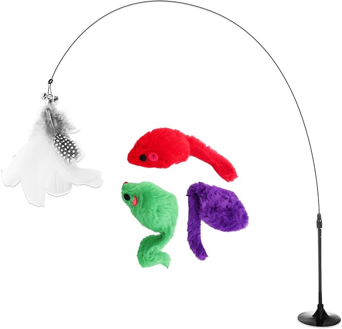 Fancy Pets Zabawka dla Kota z Przyssawką i Piórkiem, Wędka dla Kota z Przyssawką + 3 Myszy, Cat Teaser Toy with Suction Cup dla Domu
