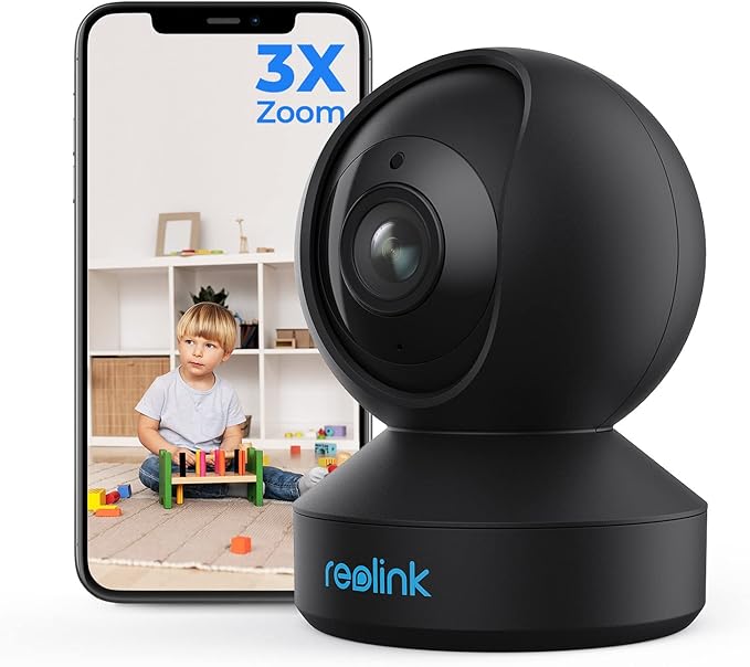 Reolink 5MP Wewnętrzna Kamera WiFi, 2.4/5 GHz WiFi z PTZ, auto-śledzeniem, 3X Zoomem, kamera z detekcją ludzi/zwierząt AI, 2-kierunkowe Audio, E1 Zoom Czarny