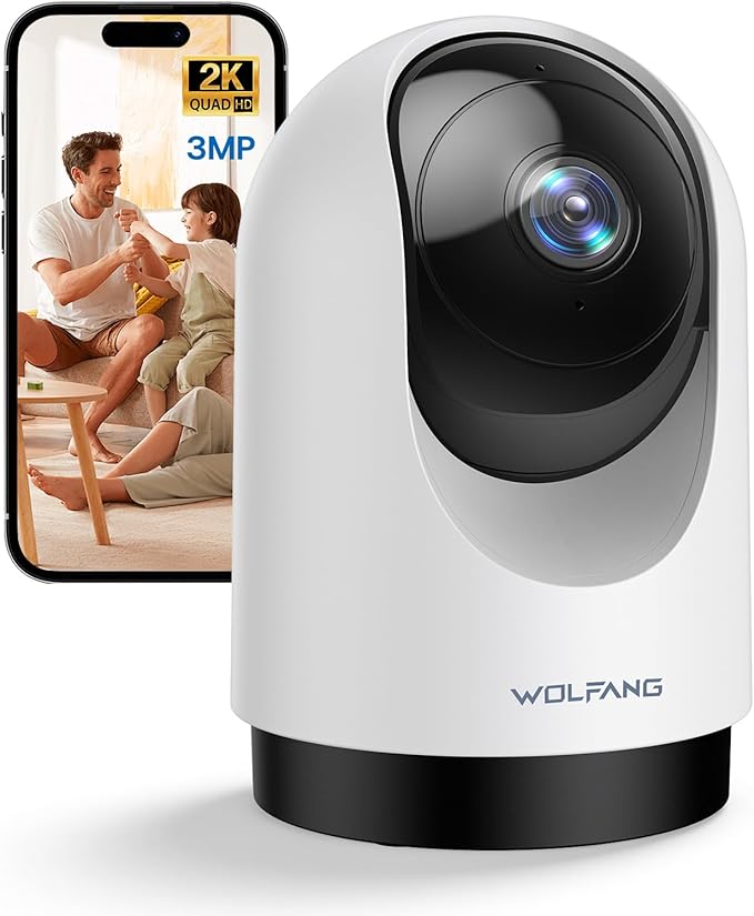 WOLFANG Kamera bezpieczeństwa 2K do użytku wewnątrz, kamera WiFi 3 MP, kamera dla zwierząt domowych z wykrywaniem dźwięku ruchu, obrót o 360°, noktowizor, 2-drożny dźwięk, chmura/SD, działa tylko z