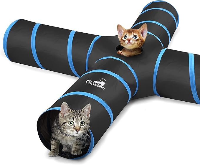 Pawaboo Zabawki dla kotów, tunel dla kota, tunele 4-kierunkowe, 25 x 53 cm, wysuwany składany namiot do zabawy dla kota, interaktywna zabawka, labirynt, domek dla kota i dzwonków, dla kota, kotka,