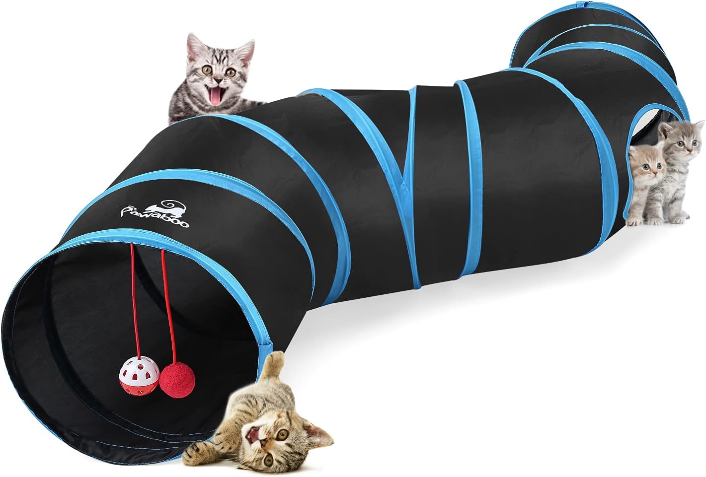 Pawaboo Zabawki dla kotów, tunel dla kota, tunele 4-kierunkowe, 25 x 53 cm, wysuwany składany namiot do zabawy dla kota, interaktywna zabawka, labirynt, domek dla kota i dzwonków, dla kota, kotka, - obrazek 2