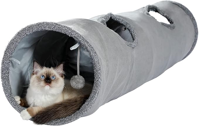 PAWZ Road Piękny składany tunel dla kotów, zabawka z piłką, tunel szelestowy, tunel do zabawy dla kotów, 130 cm x 30 cm, zabawka dla królików, szary tunel dla kotów mieszkalnych