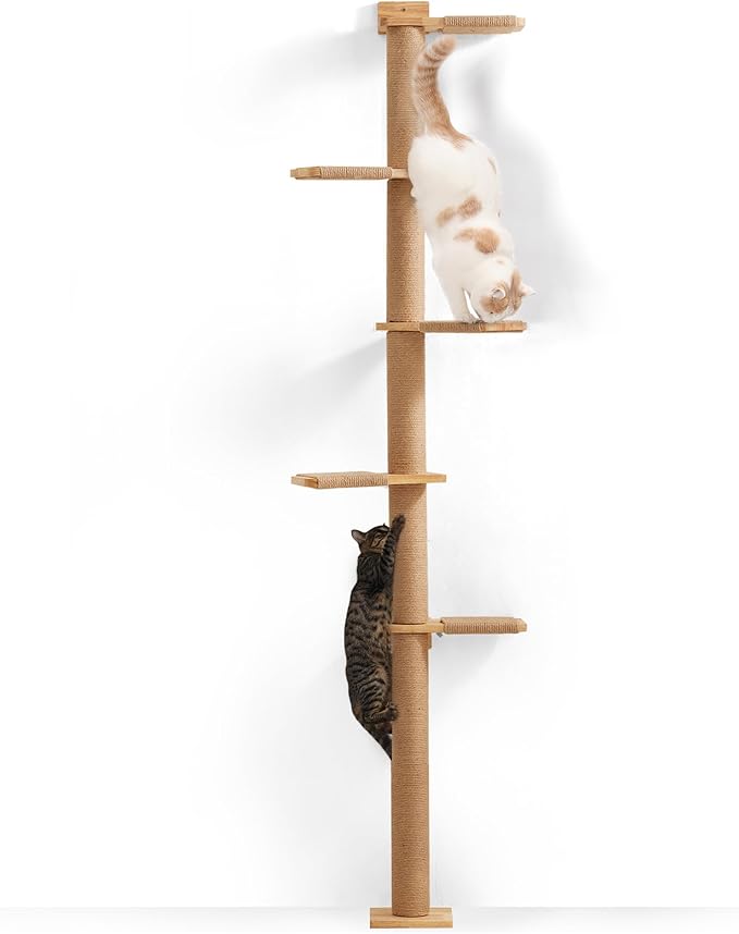 FUKUMARU Tall Cat Tree, 5 Tier Floor to Ceiling Cat Tower, Wall-Mounted Cat Scratching Post, Wild Simulation Cat Wall Shelves, Suitable for Cats Climb, Scratch, Lookout and Play