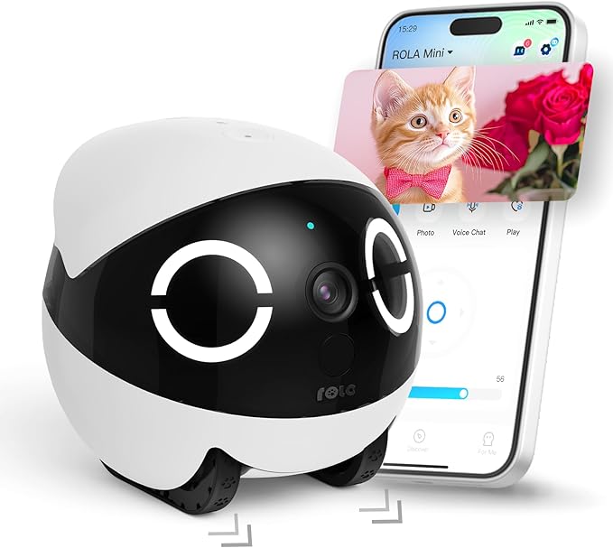 Enabot EBO ROLA Mini FamilyBot, kamera domowa 2K dla zwierząt, mobilna kamera wewnętrzna z akumulatorem i aplikacją telefoniczną, jedno-dotykowe połączenie, 2-drożne audio, podczerwień, noktowizor