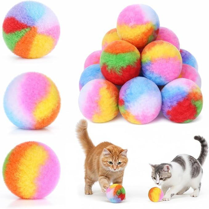 Qianyu 30 szt. miękka pluszowa piłka dla kota, 4,6 cm, tęcza, kolorowy kotek, puszysty pompon, zabawa, kotek, cicha zabawa, kicker, ćwiczenia, gonienie dla zwierząt domowych, interaktywne