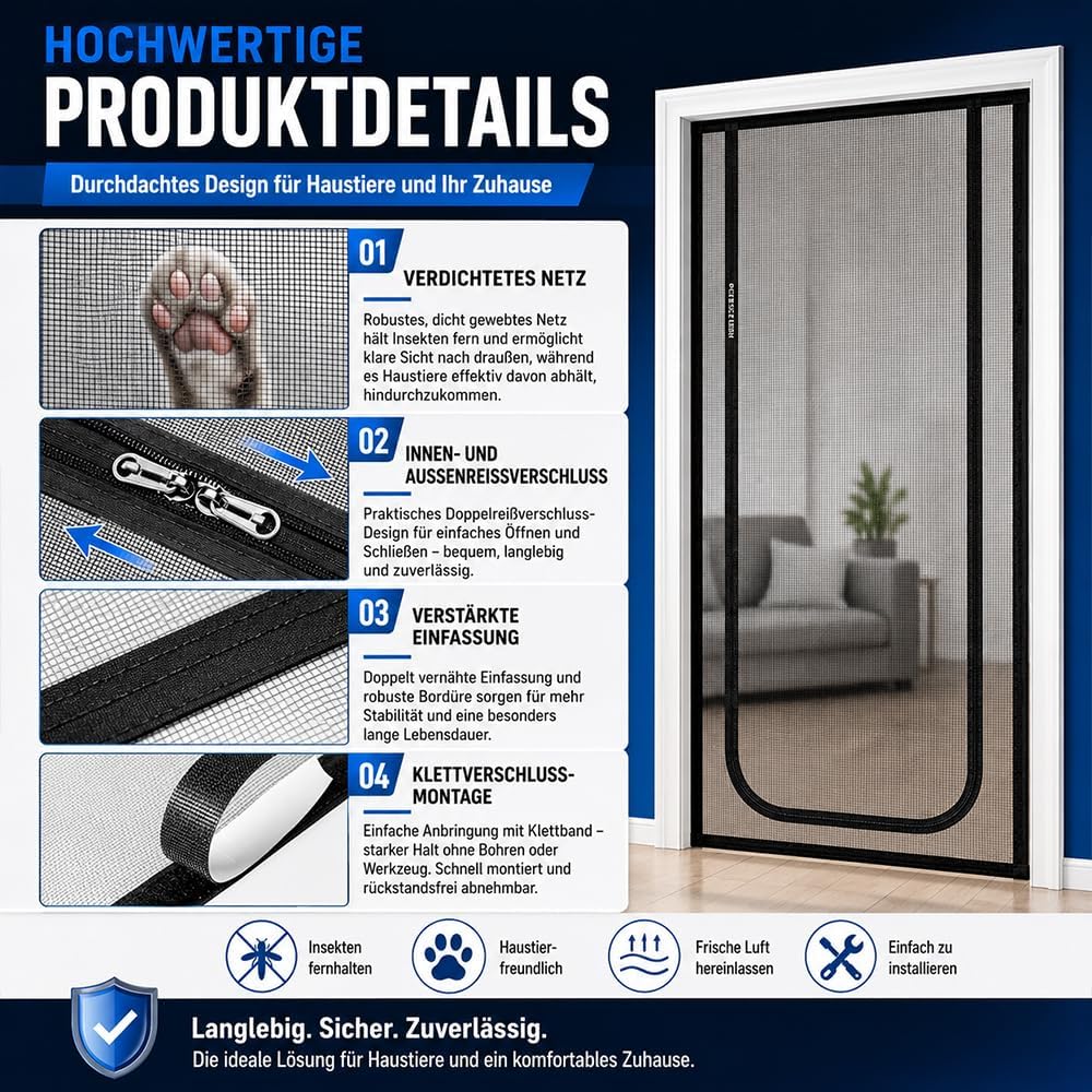 Moskitiera na drzwi dla kota, 90 x 210 cm solidna moskitiera dla kotów z dwustronnym zamkiem błyskawicznym i samoprzylepną taśmą samoprzylepną, ulepszony uchwyt na moskitierę dla kota do salonu - obrazek 4