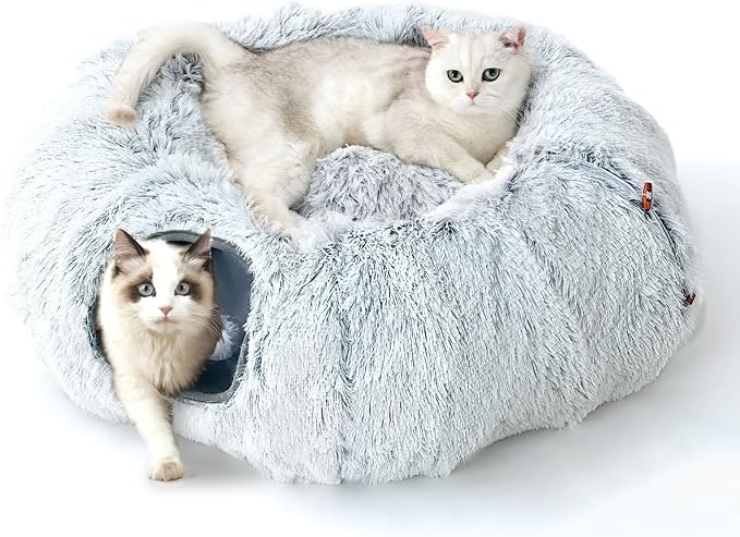 FURRYPAWS Tunel dla kota 3 w 1-160 cm z wyjmowanym łóżkiem, transformowalny (S/C/okrągły), wzmocniona konstrukcja metalowa, 20 zabawek, składany w 10s