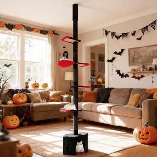 COSTWAY Drapak na sufit, 245-300 cm, od podłogi do sufitu, gotycki Halloween, 5-piętrowy drapak dla kotów, drapak na dużą wysokość, drzewo do wspinaczki z sizalowymi słupami, koszykiem, jaskinią i