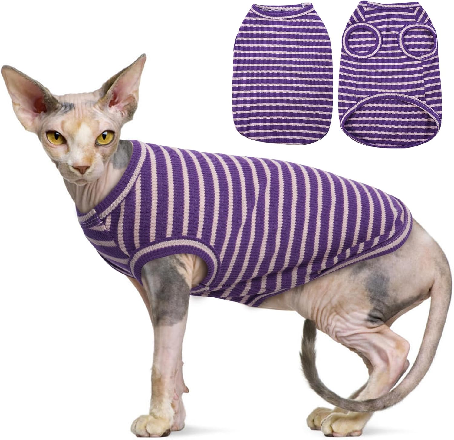 Sphynx Ubranie dla Kota, Oddychające Bezwłose Koszule z Kotami, W Paski, Koszulka Bez Rękawów, Sweter z Kotem, Odzież dla Zwierząt Domowych, Cornish Rex - obrazek 3