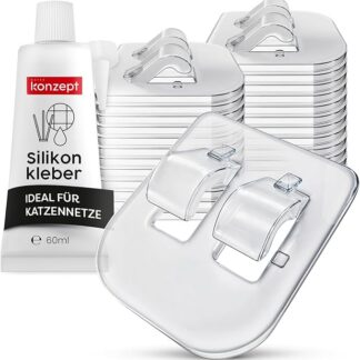 KONZEPT 100 sztuk haczyków samoprzylepnych i kleju montażowego 60 ml – do mocowania siatki dla kota na balkonie bez wiercenia, przezroczyste haczyki, odporne na warunki atmosferyczne i nadają się do