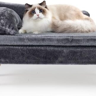 COSTWAY Luksusowa sofa dla kota, podwyższone legowisko dla kota, kanapa z 2 zdejmowanymi poduszkami, oparciem i drewnianymi nogami, miękka, dla średnich i małych kotów, sofa dla psów do użytku