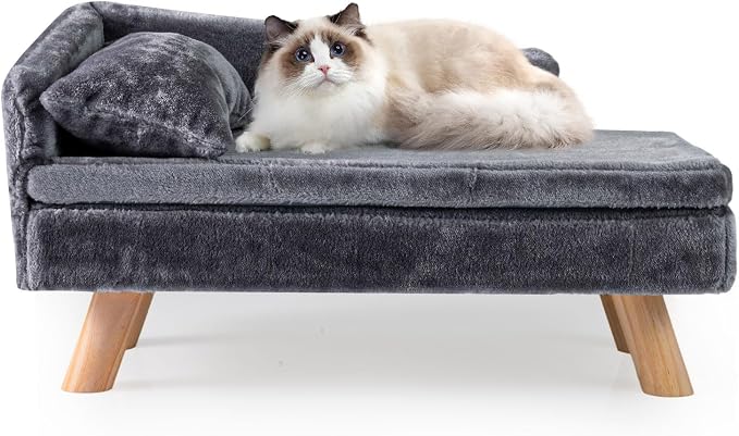 COSTWAY Luksusowa sofa dla kota, podwyższone legowisko dla kota, kanapa z 2 zdejmowanymi poduszkami, oparciem i drewnianymi nogami, miękka, dla średnich i małych kotów, sofa dla psów do użytku