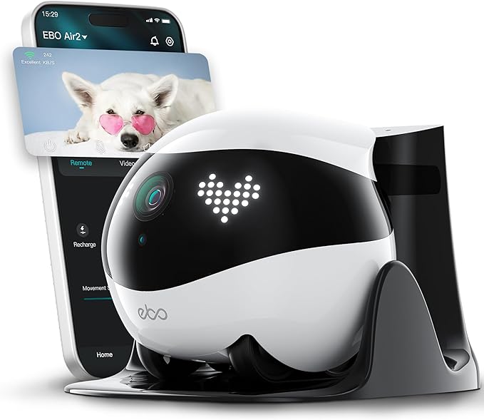 Enabot EBO Air 2 FamilyBot, kamera do monitorowania zwierząt domowych z aplikacją, 2K mobilna kamera domowa z możliwością dostosowywania wyrażeń twarzy, bezprzewodowa kamera dla kotów z noktowizorem