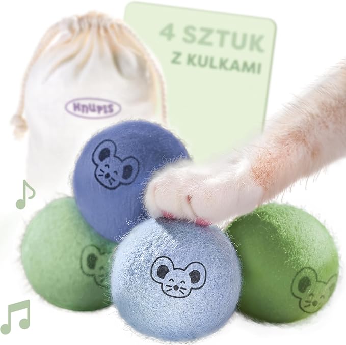 Knupis Piłeczki Dla Kota Z Dzwoneczkami - 4 Wełna Piłeczki - Zrównoważona Zabawka Dla Kota W Jasnych Kolorach I Z Cichym Dźwiękiem - W Zestawie Torba Do Przechowywania