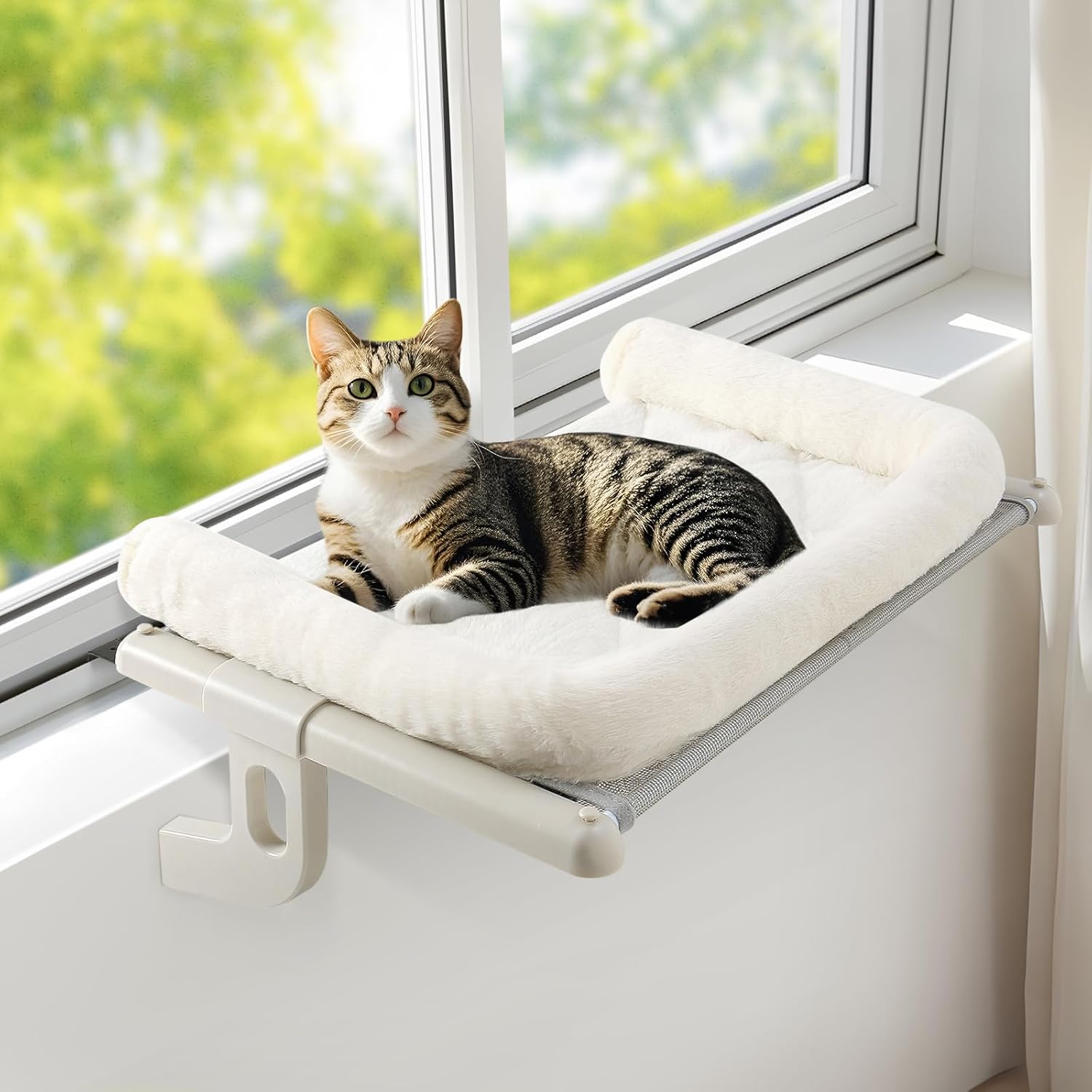 GUUSII HOME Hamak dla kota na okno Podwyższone legowisko parapetowe Wiszące posłanie dla dużych kotów Mocowanie bez wierlenia Można prać w pralce Nośność 18 kg 56x38 cm (Biały, S) - obrazek 5