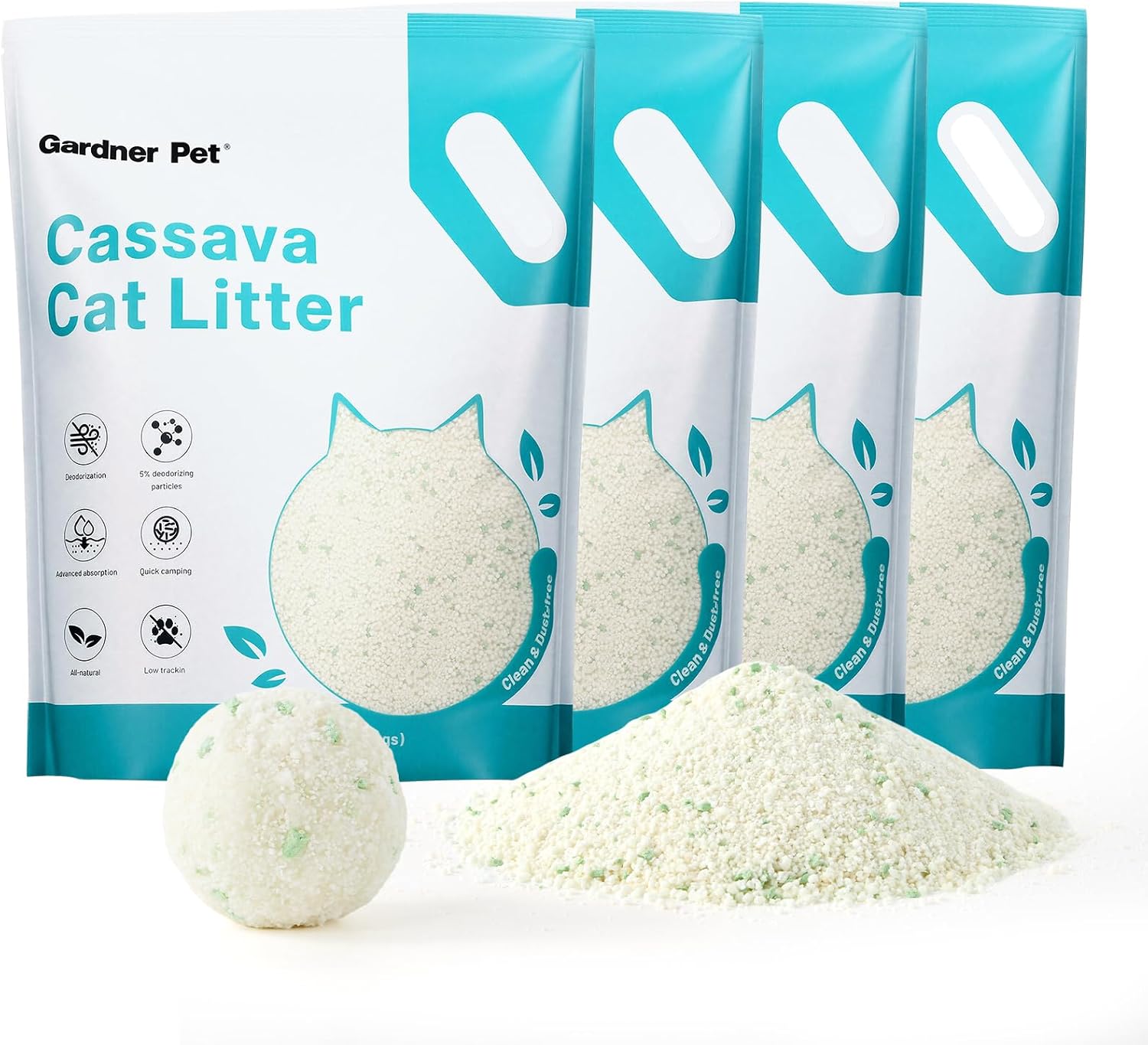 Gardner Pet Cassava Ultra Clumping żwirek dla kota, tapioka, z kontrolą zapachu, niski poziom kurzu, bezzapachowy z granulkami dezodoryzującymi, naturalny na bazie roślin, 4 kg x 4 szt - obrazek 2