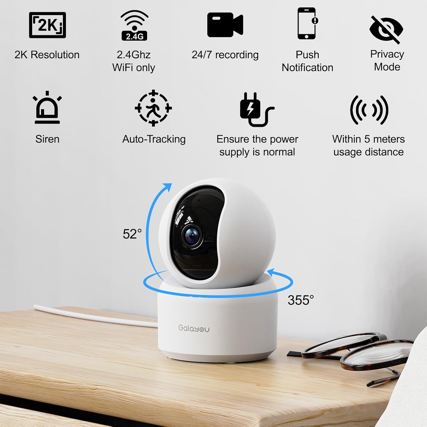 GALAYOU Kamera 2K WiFi dla zwierząt domowych, do użytku domowego, dla psa, kota, monitorowania dziecka, bezprzewodowa 360°, śledzenie ruchu, noktowizor, 2-drożny dźwięk, G2 (2P) - obrazek 3