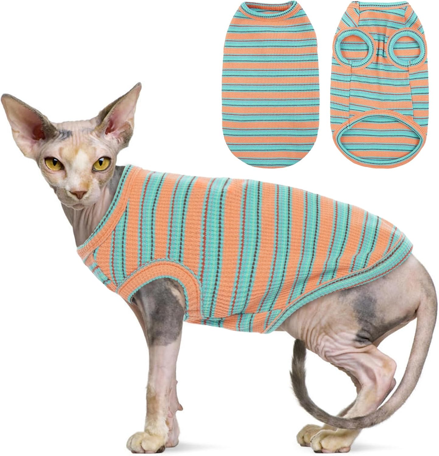 Sphynx Ubranie dla Kota, Oddychające Bezwłose Koszule z Kotami, W Paski, Koszulka Bez Rękawów, Sweter z Kotem, Odzież dla Zwierząt Domowych, Cornish Rex - obrazek 2