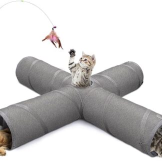 Ownpets Tunel dla kota, krzyżowy 4-kierunkowy tunel dla zwierząt z wytrzymałym materiałem Oxford, składany i odporny na rozdarcie, z wieloma wyjściami, wiszącą piłką i pałeczką do drażnienia, szary