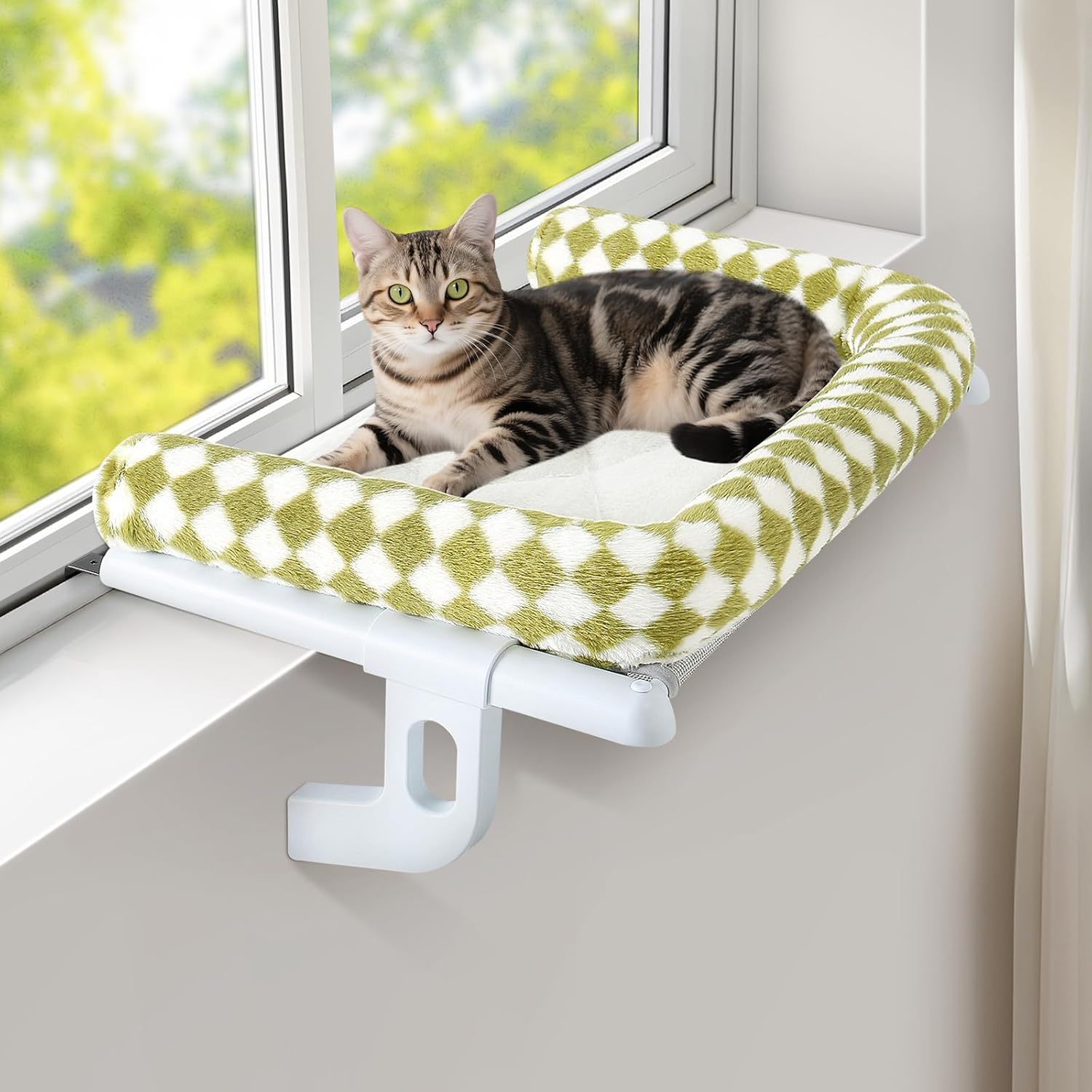 GUUSII HOME Hamak dla kota na okno Podwyższone legowisko parapetowe Wiszące posłanie dla dużych kotów Mocowanie bez wierlenia Można prać w pralce Nośność 18 kg 56x38 cm (Biały, S) - obrazek 2
