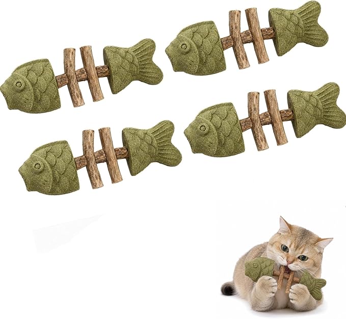 Catnip & Silvervine żuć, Silvervine zabawka dla kota, naturalna kocimiętka i pałeczka do czyszczenia zębów Silvervine, do żucia w kształcie kości ryby, naprawianie zdrowia zębów kota (smak kocimiętki