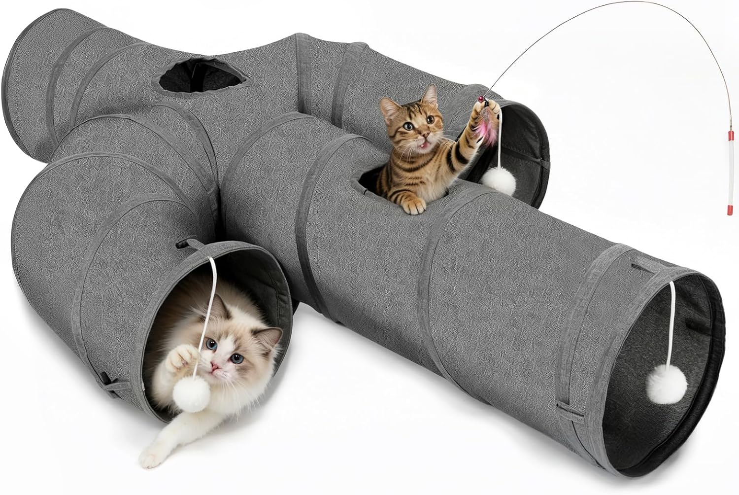 Ownpets Tunel dla kota, tunel dla zwierząt domowych w kształcie kaktusa z solidną tkaniną Oxford, składany i odporny na rozdarcie, z wieloma wyjściami, wiszącą kulką i różdżką, średnica 25 cm - obrazek 2