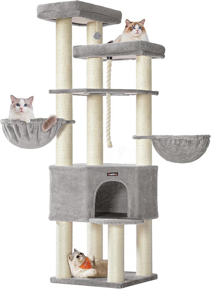 Feandrea Drzewko dla kota, duże, wielopiętrowe, XXL, 55 x 55 x 186,7 cm, słupki sizalowe o średnicy 11 cm, dla kotów rasy Maine Coon, w kolorze gołębiej szarości i kremowej bieli PCT008G01