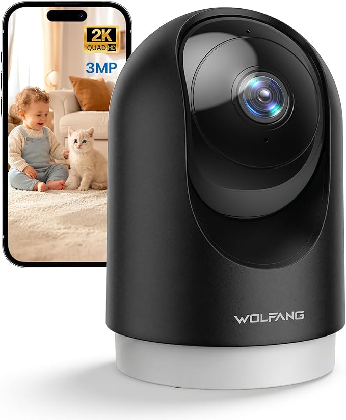 WOLFANG Kamera Wewnętrzna 2K, Kamera WiFi do Domu z Funkcją Obrotu 360° PTZ, Automatycznym Śledzeniem i Trybem Nocnym, Kamera dla Psa z Dwukierunkowym Audio, Kompatybilna z Alexa