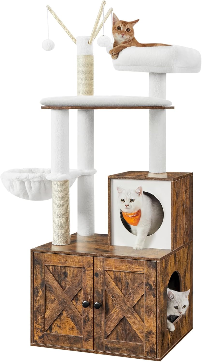 Feandrea PCT113G01 Drapak z szafką dla kota, 2 w 1, szafka na kuwetę dla kota, z pniami sizalowymi, zdejmowane kulki pluszowe, szarobeżowy, 151 cm wysokości - obrazek 2
