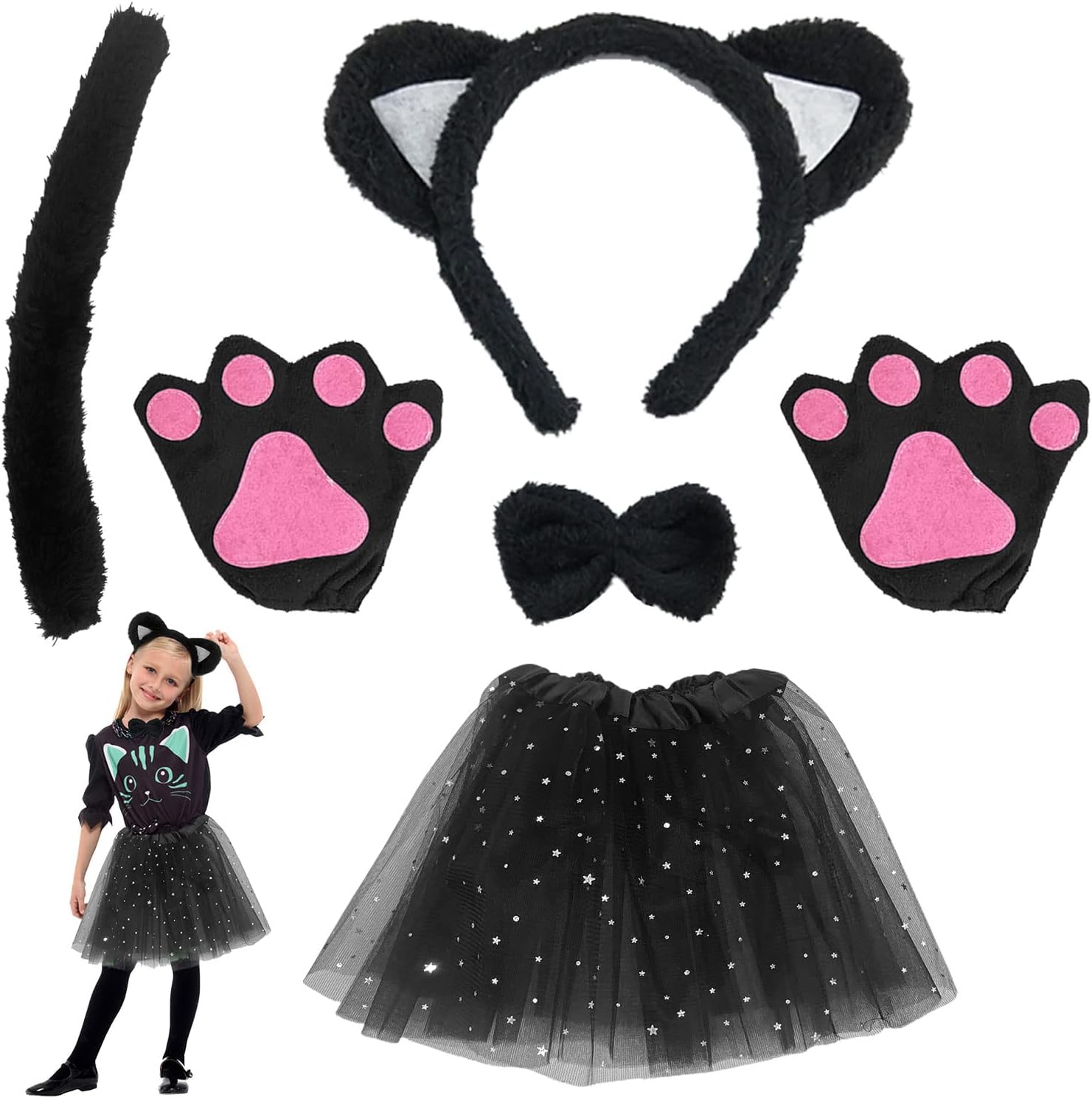 TSHAOUN Zestaw kostiumowy kot, sukienka zwierzęca, cosplay, kocie uszy, opaska na czoło, kocie, uszy, kołnierz, łapy, rękawiczki, czarna tutu, na Halloween, karnawał, karnawał - obrazek 2