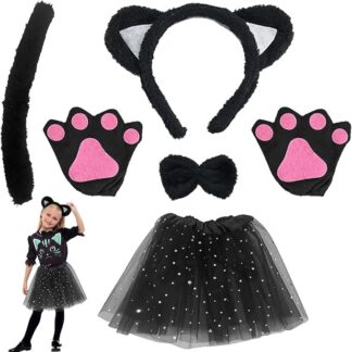 TSHAOUN Zestaw kostiumowy kot, sukienka zwierzęca, cosplay, kocie uszy, opaska na czoło, kocie, uszy, kołnierz, łapy, rękawiczki, czarna tutu, na Halloween, karnawał, karnawał