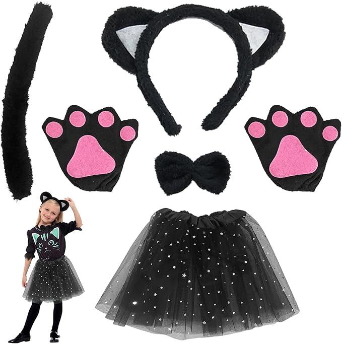 TSHAOUN Zestaw kostiumowy kot, sukienka zwierzęca, cosplay, kocie uszy, opaska na czoło, kocie, uszy, kołnierz, łapy, rękawiczki, czarna tutu, na Halloween, karnawał, karnawał